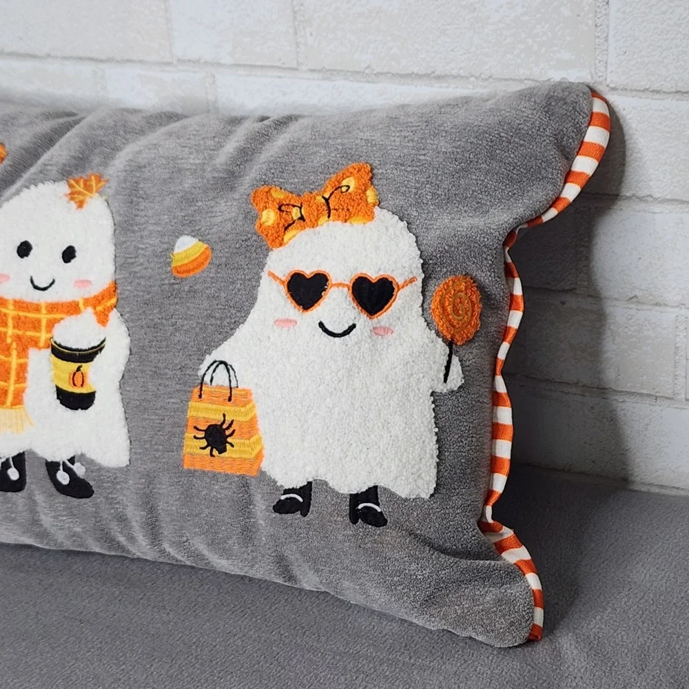 Halloween Ghost Lumbar Pillow Gray Embroidered Candy Corn Pumpkin Fall 14x24 NEW